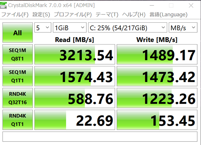 CrystalDiskMarkで読み込み速度と書き込み速度を計測