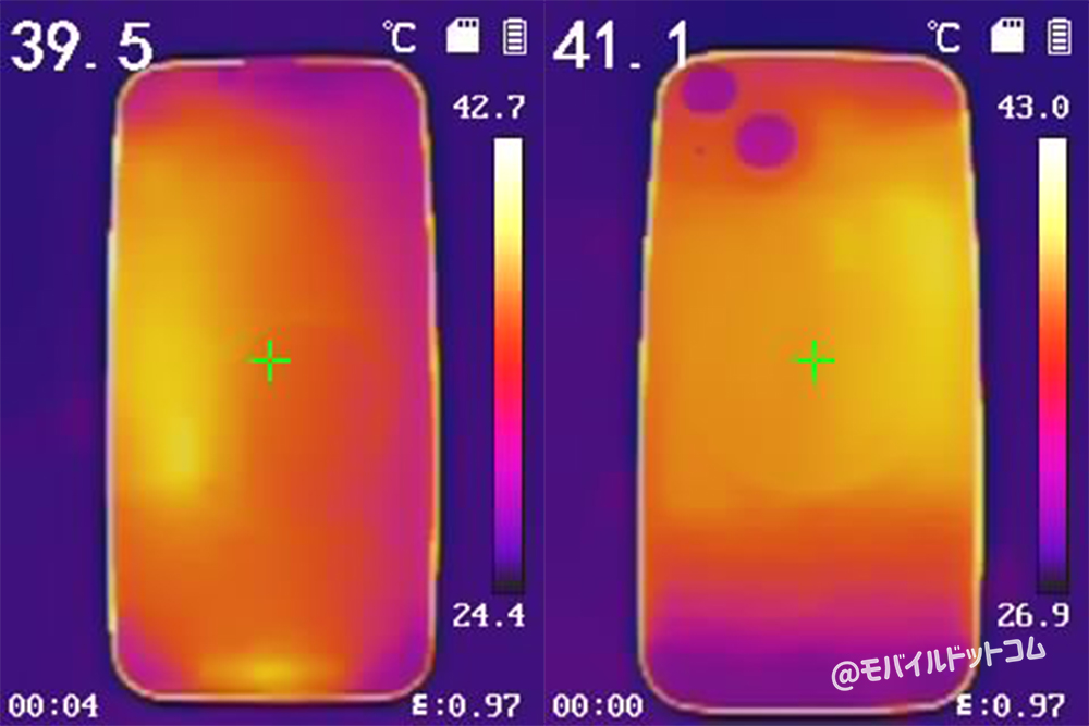 「Antutu Benchmark」テスト後に赤外線サーモグラフィーで温度を測定した結果
